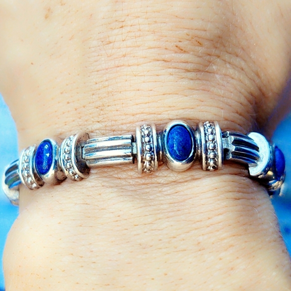 Vintage Jewelry - Vintage Lapis Sterling Silver, Heavy Link Bracelet